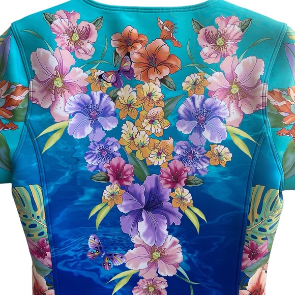 Johnny Was Swimsuit One Piece Zip Neoprene Blue Teal Tie Dye Floral Medium - Picture 9 of 13